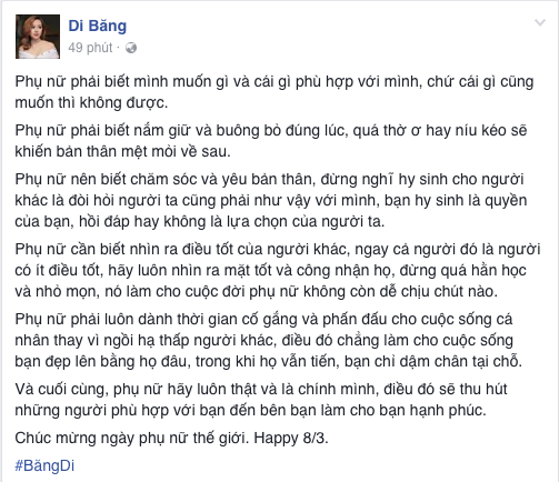 Nữ ca sĩ Băng Di cũng có một bài chia sẻ khá dài về phụ nữ nhân ngày 8/3. - Tin sao Viet - Tin tuc sao Viet - Scandal sao Viet - Tin tuc cua Sao - Tin cua Sao