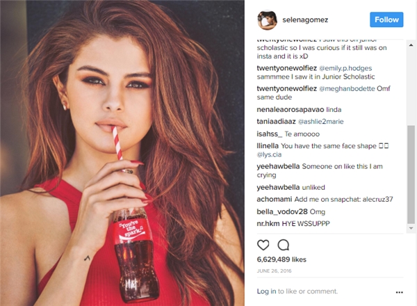 Một trong số những bức ảnh của Selena năm 2016 từng đạt hơn 6,6 triệu like.