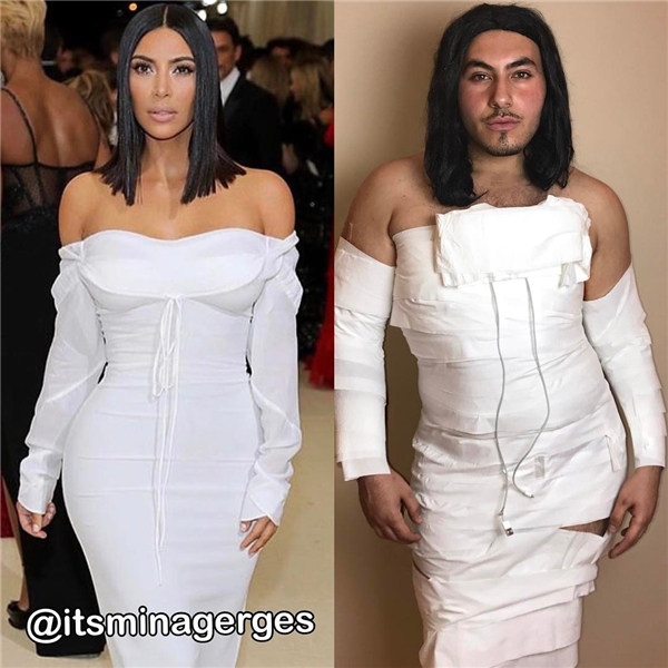 Và làm sao chịu nổi nữa đây khi mà từ bộ cánh sang trọng của nàng Kim Kardashian hóa thành bộ đồ "xác ướp" của anh chàng Mina này nhỉ?