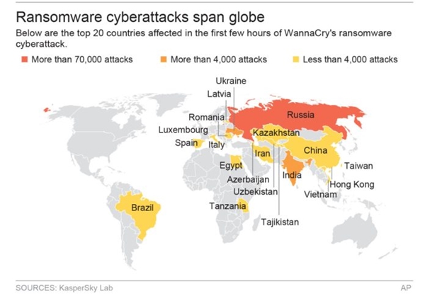Bản đồ báo cáo về 20 quốc gia bị tấn công điện toán trong những giờ đầu, trong đó có Việt Nam. (Ảnh: AP Photo)