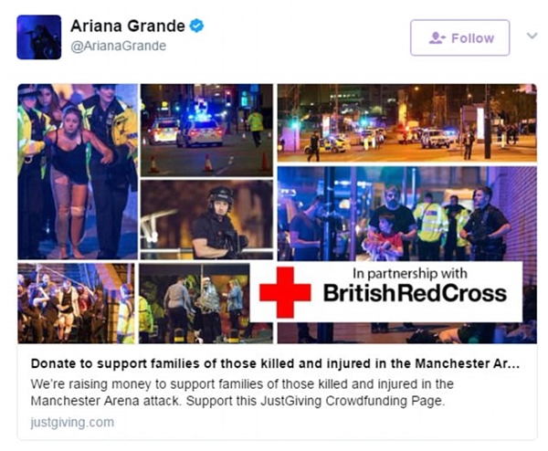 Ariana đã tweet một dòng link đến trang web của tổ chức JustGiving hiện đang gây quỹ cho các gia đình nạn nhân bị giết và bị thương trong vụ tấn công.