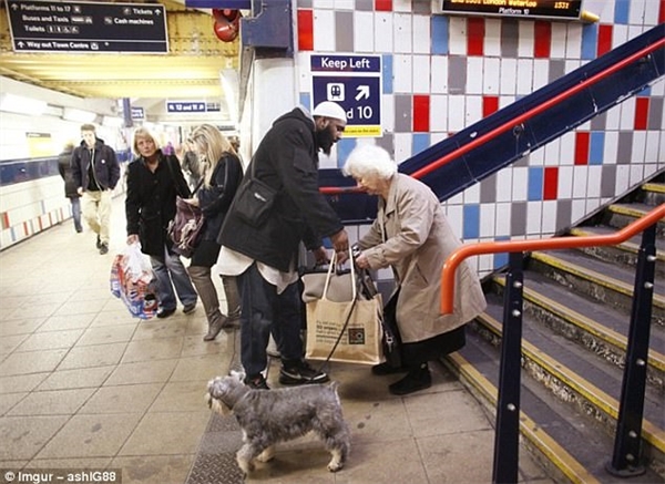 Một người đàn ông đã dừng lại giúp một cụ già đi xuống bậc thang khi đang vội chạy đến chuyến tàu của mình.