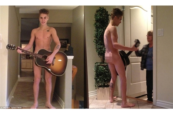 Hình ảnh Justin Bieber khỏa thân hoàn toàn và chỉ che vùng nhạy cảm bằng cây đàn ghi ta từng khiến cộng đồng fan không thốt nên lời. Những bức hình này được cho là chụp vào khoảng tháng 11/2012 khi nam ca sĩ chưa xăm kín người.