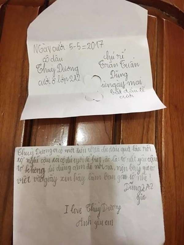 Cậu nhóc lớp 2 vừa viết thư tỏ tình, vừa làm thiệp cưới với bạn gái.