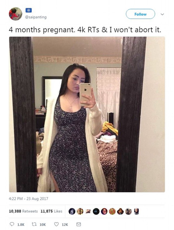  “ 4 tháng mang thai. Nếu được 4000 lượt retweet thì tôi sẽ không phá thai.” - Dòng tweet đang gây tranh cãi của bà mẹ trên.