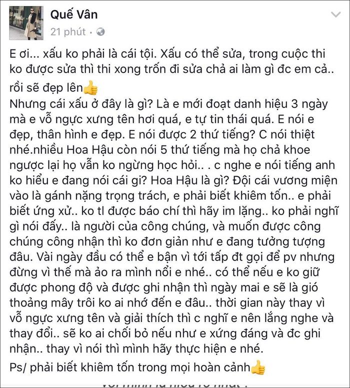 Chia sẻ khá dài của Quế Vân về Tân Hoa hậu trên trang cá nhân. - Tin sao Viet - Tin tuc sao Viet - Scandal sao Viet - Tin tuc cua Sao - Tin cua Sao