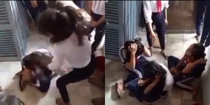 
Ba nữ sinh bị đánh liên tiếp vào đầu (Ảnh cắt từ clip)
