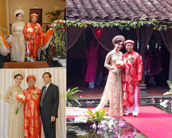 
Á hậu Dương Trương Thiên Lý diện áo dài có thiết kế đặc biệt màu vàng đồng ánh kim, phần tà khá dài làm điểm nhấn trong đám cưới.