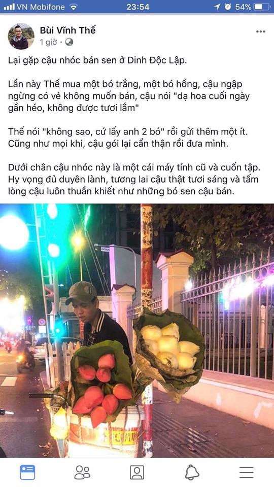 
Nguyên văn nội dung anh Thế chia sẻ về cậu học trò bán hoa sen giữa Sài Gòn 