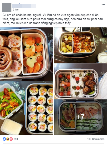 Đoạn chia sẻ trên mạng xã hội của cô vợ đảm về những hộp cơm trưa chuẩn bị cho chồng - Ảnh: Chụp màn hình