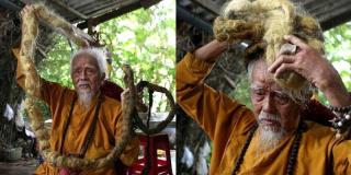 Cụ ông Việt Nam tóc dài 5 m lên báo nước ngoài