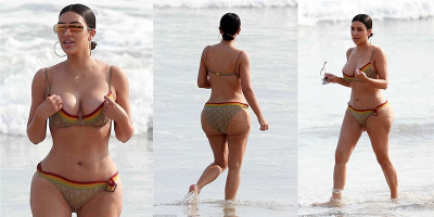 Diện bikini bé xíu, Kim Kardashian lộ vòng ba chảy xệ sần sùi