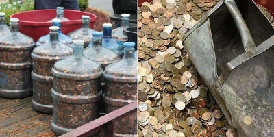 Ông cụ vác 15 bình tiền xu ra ngân hàng đổi, đếm 5 giờ mới xong số tiền lên tới cả trăm triệu