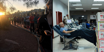 Người dân nước Mỹ xếp hàng hiến máu cho các nạn nhân vụ xả xúng Las Vegas khi mặt trời còn chưa mọc