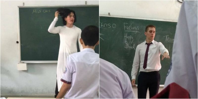 Thầy giáo Tây đội tóc giả, mặc áo dài cosplay làm cô giáo khiến dân mạng "phát cuồng"