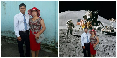 Khi mẹ của mình muốn thay đổi phông nền, cô bạn liền lập tức photoshop cho bố mẹ du lịch khắp 5 châu