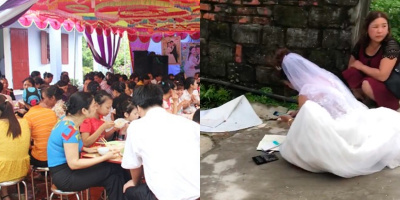 Cô dâu "bá đạo" nhất năm: Mặc kệ quan viên hai họ ăn cỗ, vẫn miệt mài ngồi vệ đường đếm tiền mừng