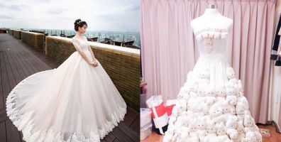 Chú rể thiết kế hẳn bộ váy cưới đầy gấu bông có một không hai cho cô dâu