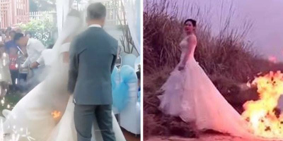 Hy hữu: Váy cưới của cô dâu bốc cháy khiến cả hôn trường náo loạn