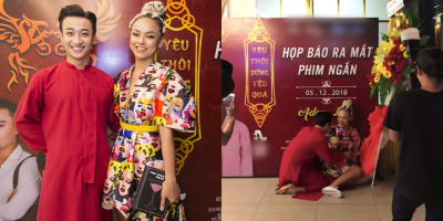 Mai Ngô té "sấp mặt" vì mải mê tạo dáng chụp hình giữa sự kiện