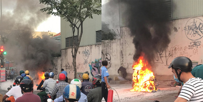 Giờ tan tầm, xe máy bốc cháy dữ dội khiến người dân hốt hoảng