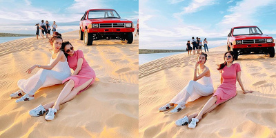 Diện giày đôi, chụp hình tình tứ trên đồi cát, Hương Giang - Yoshi khiến CĐM "bấn loạn"