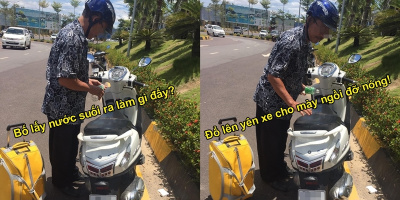 Ông bố lặng lẽ đổ nước lên yên xe để con gái ngồi không bị nóng