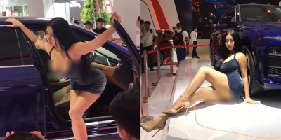 Người mẫu Ngọc Phụng tạo dáng phản cảm, cố tình lộ ngực tại Motor Show