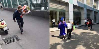 Xúc động cảnh ông cụ ôm bó hoa vội vã đến chúc mừng lễ tốt nghiệp cháu
