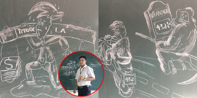 Thầy giáo mỹ thuật vẽ tranh biếm họa bằng phấn trắng để dạy học trò