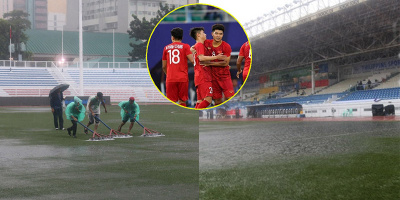 Sân Rizal nơi U22 Việt Nam thi đấu hiện đang mưa to, gió lớn và ngập