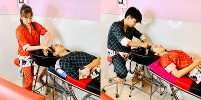 Ở nhà tránh dịch, Khánh Thi và chồng kém 12 tuổi gội đầu cho nhau
