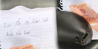 Một sinh viên để lại 50.000 đồng và giấy xin lỗi vì làm hỏng gương xe