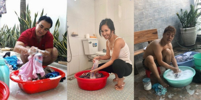 Khoảnh khắc hiếm: sao Việt cặm cụi ngồi giặt giũ quần áo