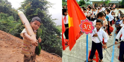 Tự hào cậu bé ôm măng ủng hộ Đà Nẵng được "ôm" quốc kỳ ngày khai giảng