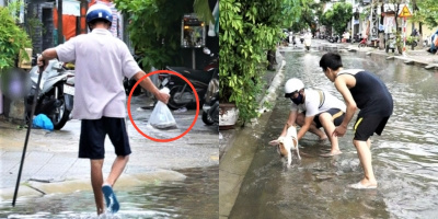 Thích thú hình ảnh người Đà Nẵng mang rổ ra đường bắt cá sau bão