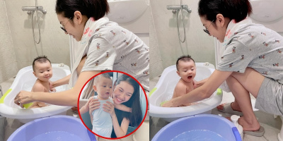 Á hậu Thúy Vân ở nhà tắm cho con, biểu cảm của quý tử mới gây chú ý