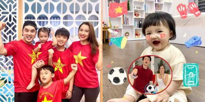 Dàn nhóc tì nhà sao Việt với cờ đỏ sao vàng ủng hộ đội tuyển Việt Nam