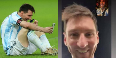 Messi ngồi bệt xuống sân, mừng rỡ gọi video khoe huy chương với vợ con