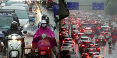 Hà Nội mưa lớn: Phương tiện giao thông trên đường nhích từng chút một
