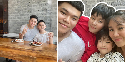 Con trai Lê Phương thân thiết với bố dượng khi chụp ảnh gia đình