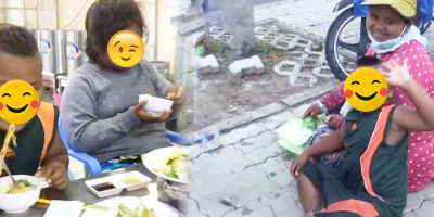 2 đứa trẻ được người tốt mời dùng bữa, không quên mang về cho mẹ