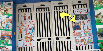 3 người lính PCCC được trẻ mầm non tô màu, treo trân trọng ở cửa