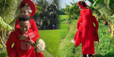 Chú rể miền Tây cõng cô dâu trên lưng "cuốc bộ" rước nàng về dinh