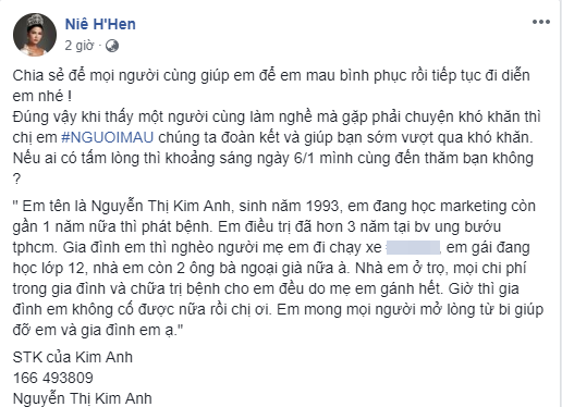 
Hoa hậu H'Hen Niê đăng tải dòng trạng thái kêu gọi giúp người mẫu Kim Anh.  - Tin sao Viet - Tin tuc sao Viet - Scandal sao Viet - Tin tuc cua Sao - Tin cua Sao