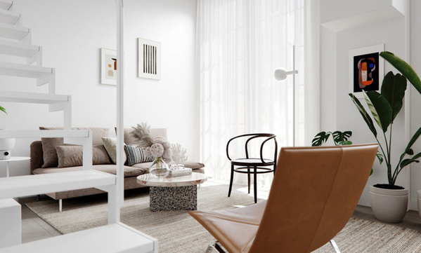 ​
Tấm thảm trải sàn và sofa màu be nhẹ nhàng tạo sự kết nối đầy khéo léo và ấn tượng cùng không gian xung quanh