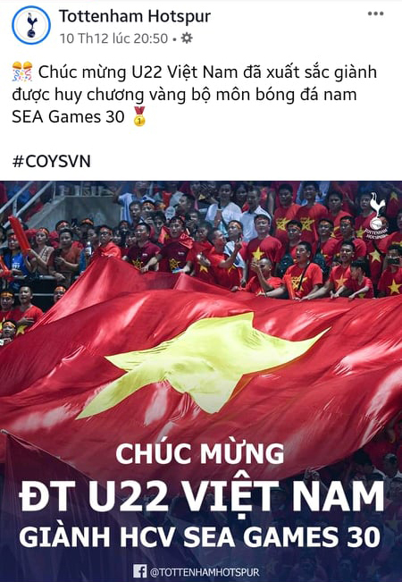  
Tottenham đăng bài viết tiếng Việt chúc mừng Việt Nam giành huy chương vàng SEA Games. Ảnh chụp màn hình