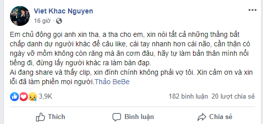 
Được biết, ngay sau đó một số người đã lên bài đính chính và xin lỗi đến Thảo Bebe và nam ca sĩ Khắc Việt. 