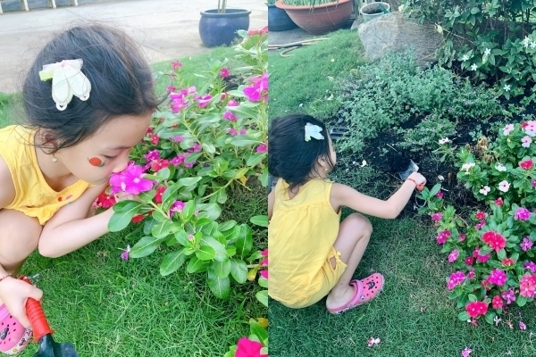  
Cô con gái nhỏ nhà người đẹp cầm xà beng đào đất cũng trông rất chuyên nghiệp, không quên tạo dáng với hoa để chụp hình. (Ảnh: FBNV) - Tin sao Viet - Tin tuc sao Viet - Scandal sao Viet - Tin tuc cua Sao - Tin cua Sao