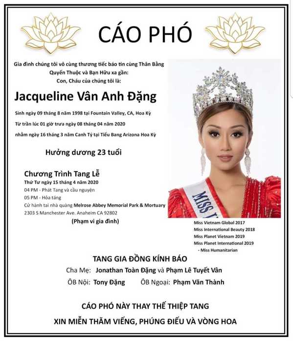  
Gia đình đã chọn hình ảnh Jacqueline Đặng đội vương miện làm cáo phó (Ảnh: FBNV) - Tin sao Viet - Tin tuc sao Viet - Scandal sao Viet - Tin tuc cua Sao - Tin cua Sao